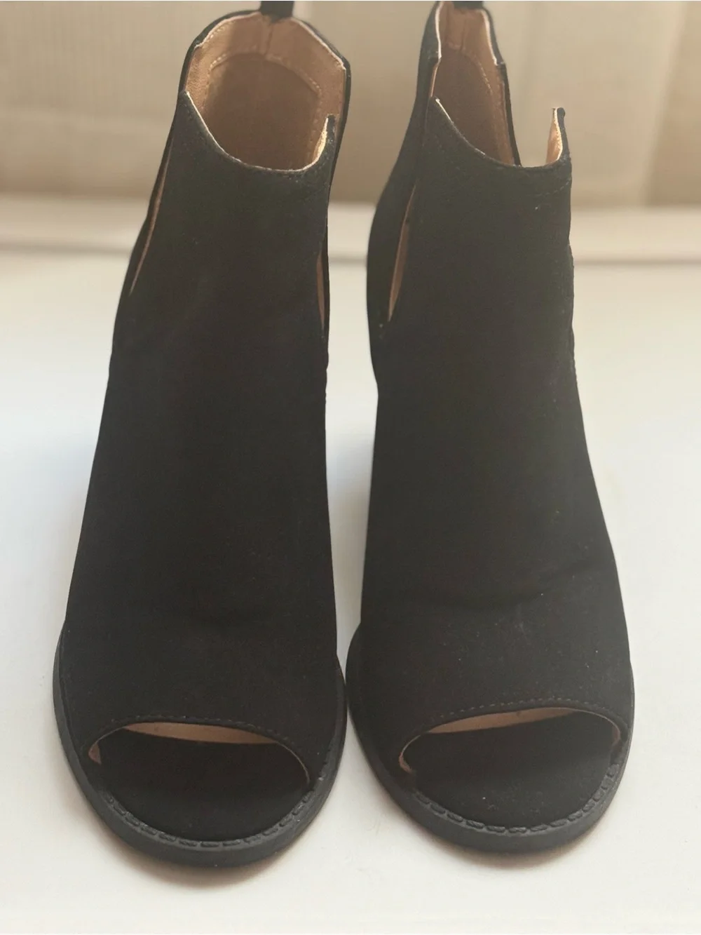 Black Faux Suede Peep-Toe Ankle Boots - Women's - Picture 3 of 6